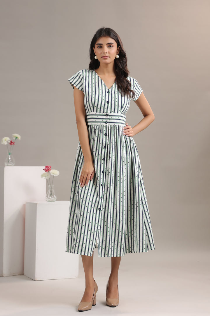 Full length striped midi dress for women with V-neck design
