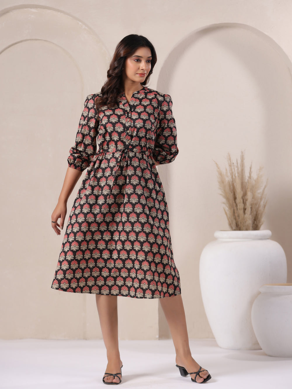 Black Ajrakh Buta print cotton midi dress with V-neck and 3/4 sleeves Style.