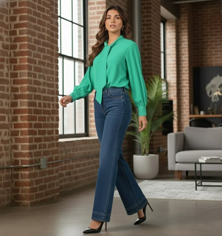 Side angle of green shirt for women in moss fabric