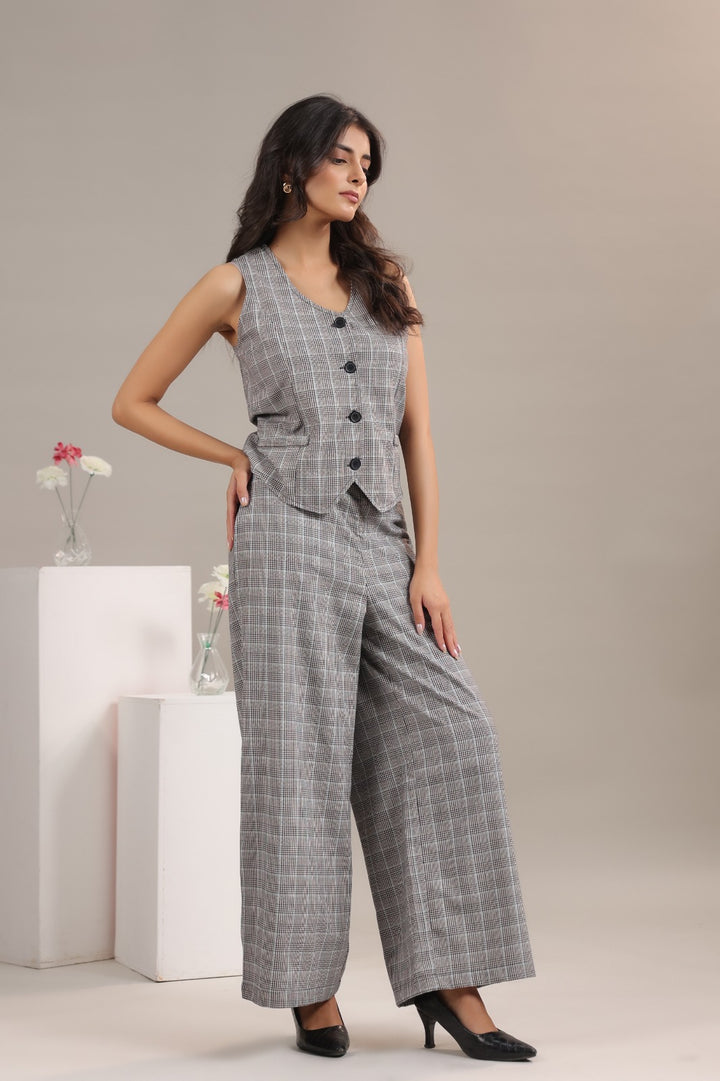 Grey checkered vest pant co ord set for women stylish office wear outfit