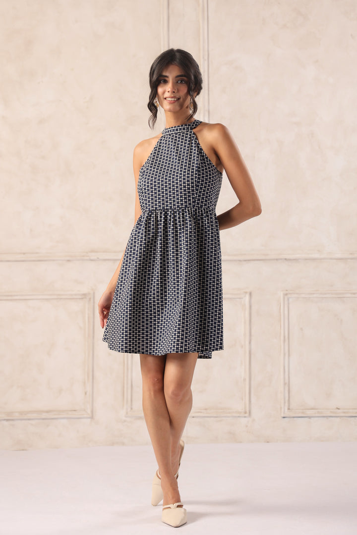 Navy halter neck mini dress for women stylish casual party wear short dress