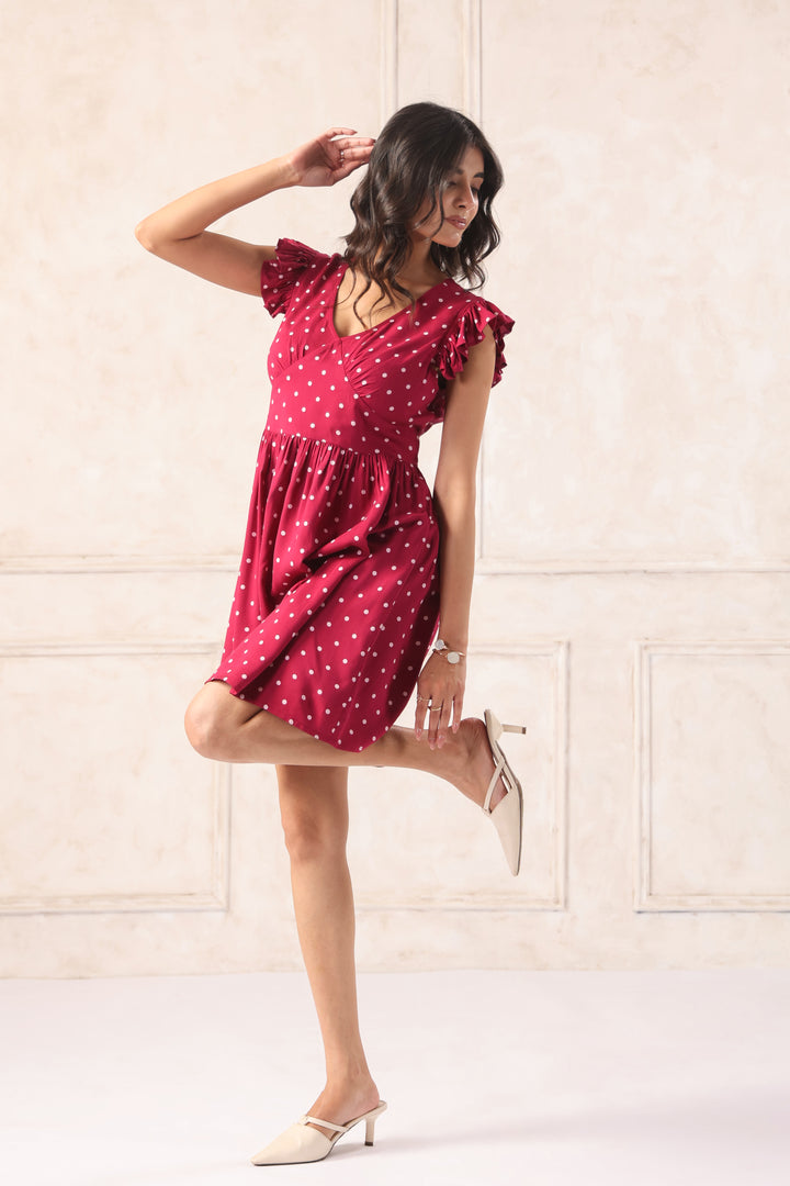 Stylish plum polka dot mini dress for women casual chic short dress outfit