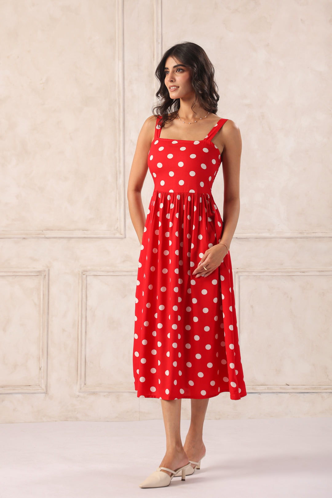 Red Polka Dot Midi Dress for Women