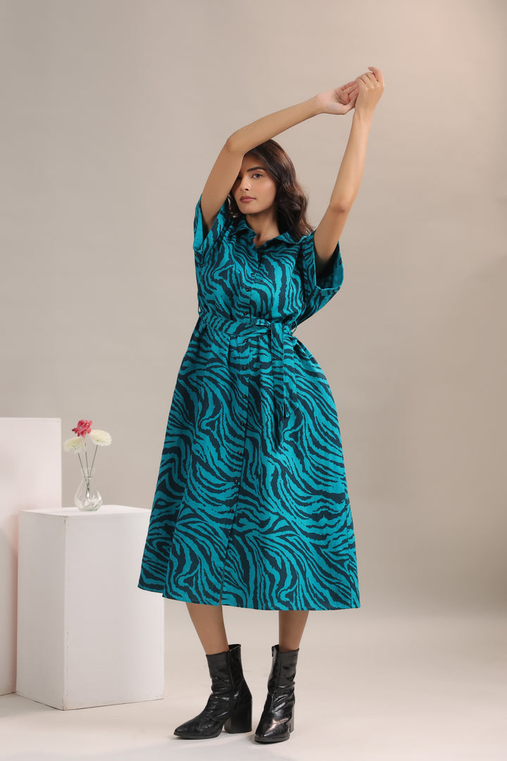 Stylish party look with Teal and Black Animal Print Midi Shirt Dress with Belt by June 9 Clothing