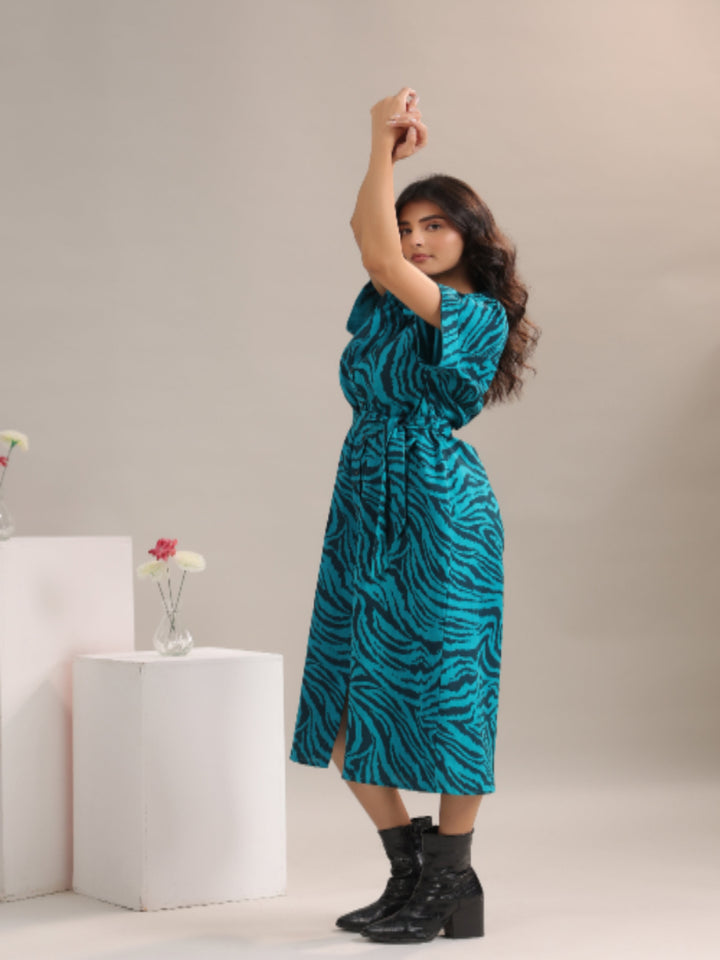 Stylish party look with Teal and Black Animal Print Midi Shirt Dress with Belt by June 9 Clothing | Left side