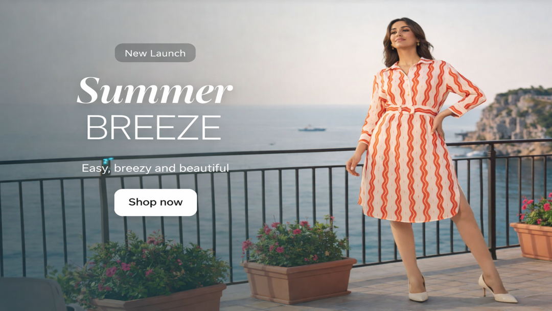 Woman in a red and white striped dress standing on a balcony with 'Summer Breeze' branding.