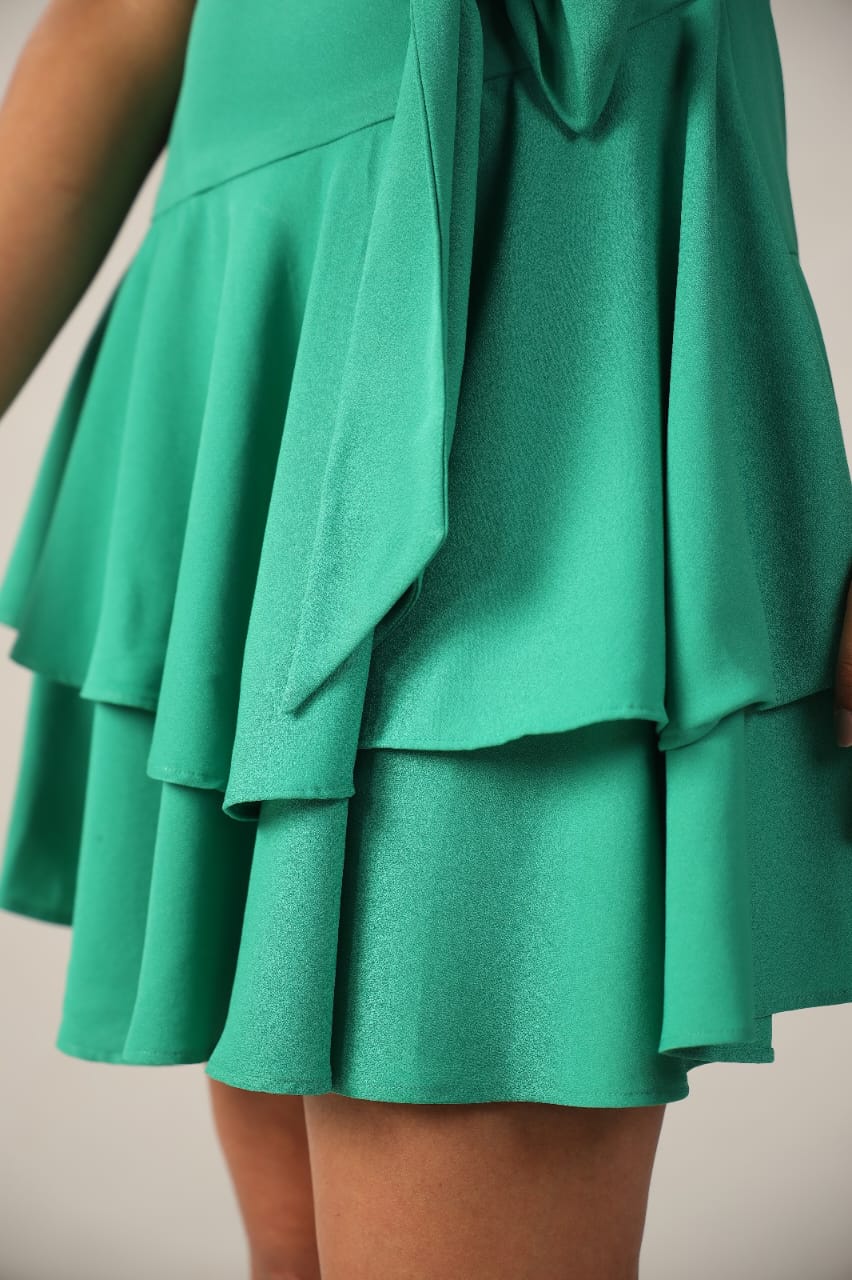 Emerald Green Wrap Ruffle Mini Dress