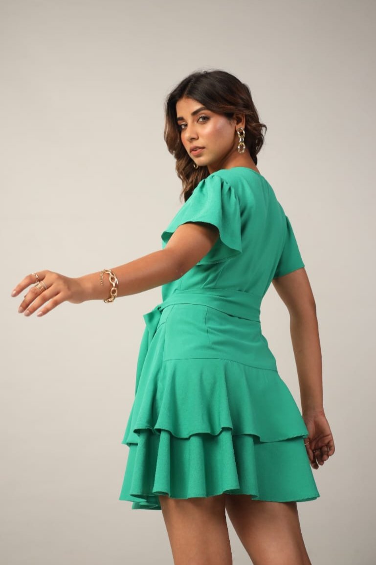 Emerald Green Wrap Ruffle Mini Dress