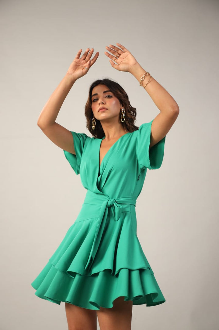 Emerald Green Wrap Ruffle Mini Dress