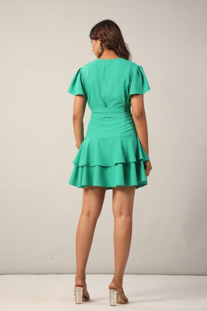 Emerald Green Wrap Ruffle Mini Dress