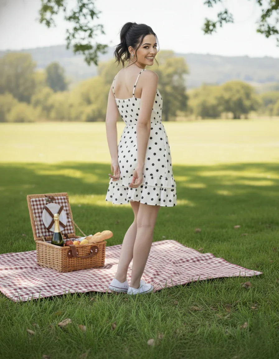 White Mini Dress For Women With Polka Dot Print - side view