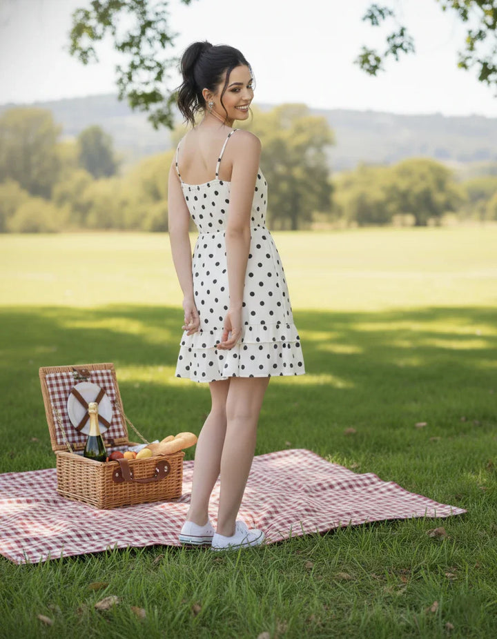 White Mini Dress For Women With Polka Dot Print | backside view