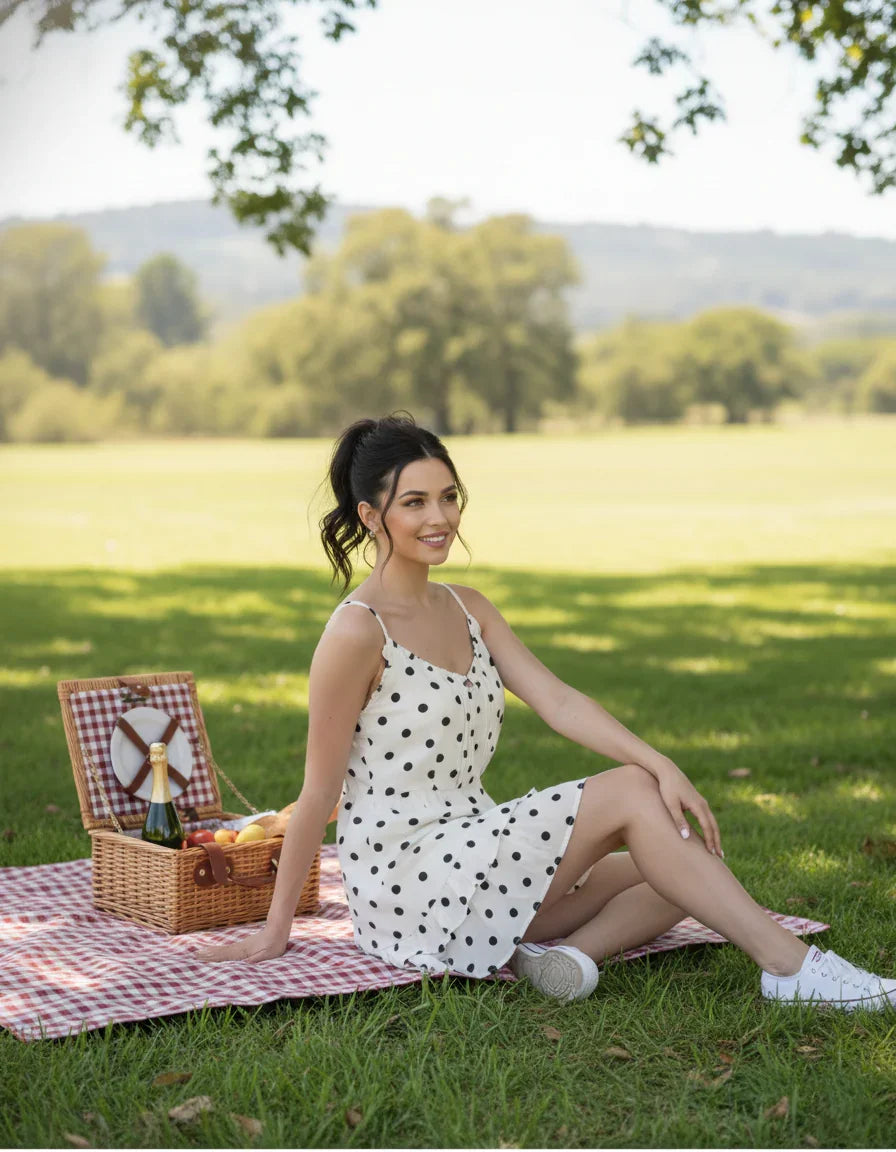 Woman in a polka dot dress sitting on a picnic blanket in a park