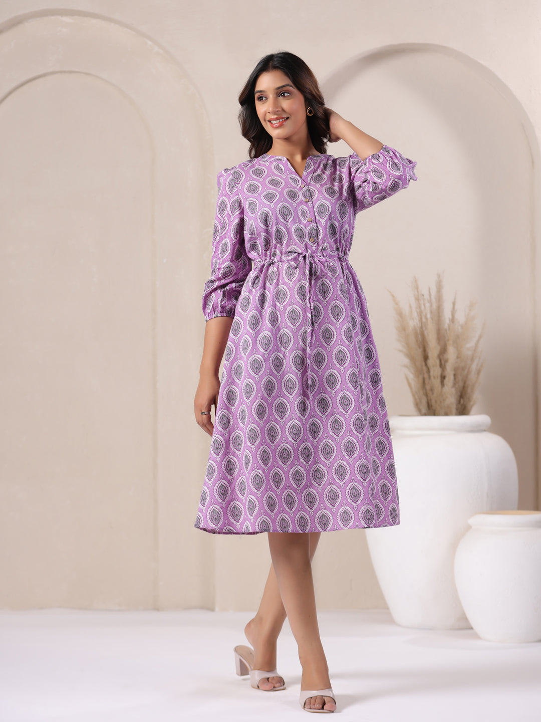 Lavender buti print cotton midi dress for women with round neckline and relaxed fit