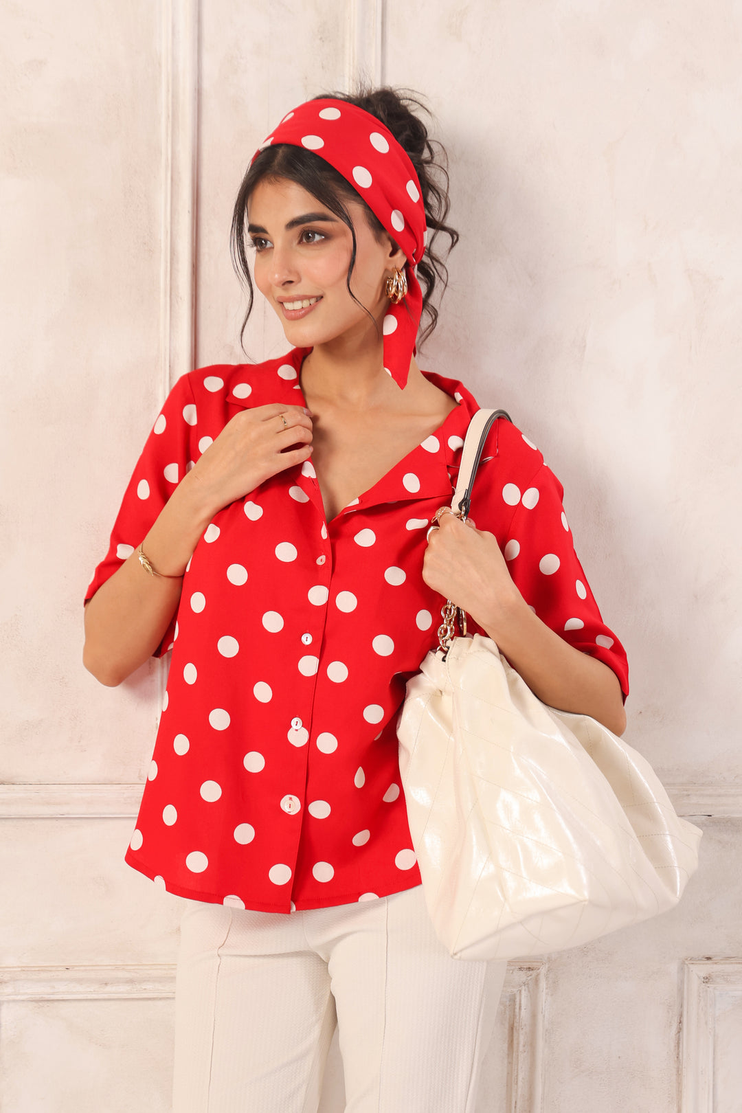 collar neckline red polka dot shirt for women detail