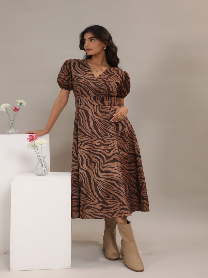 Women’s animal print midi dress in brown by June 9 Clothing with comfortable fit and elegant flare