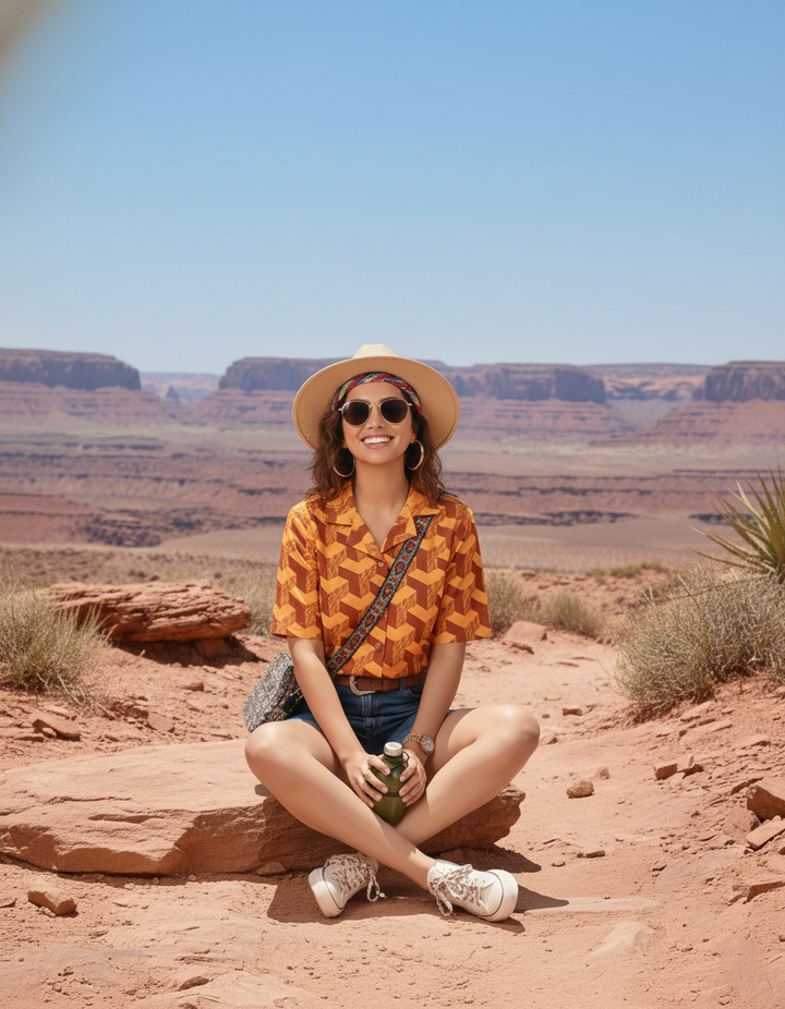 Yellow shirt for women abstract optical print cotton poplin