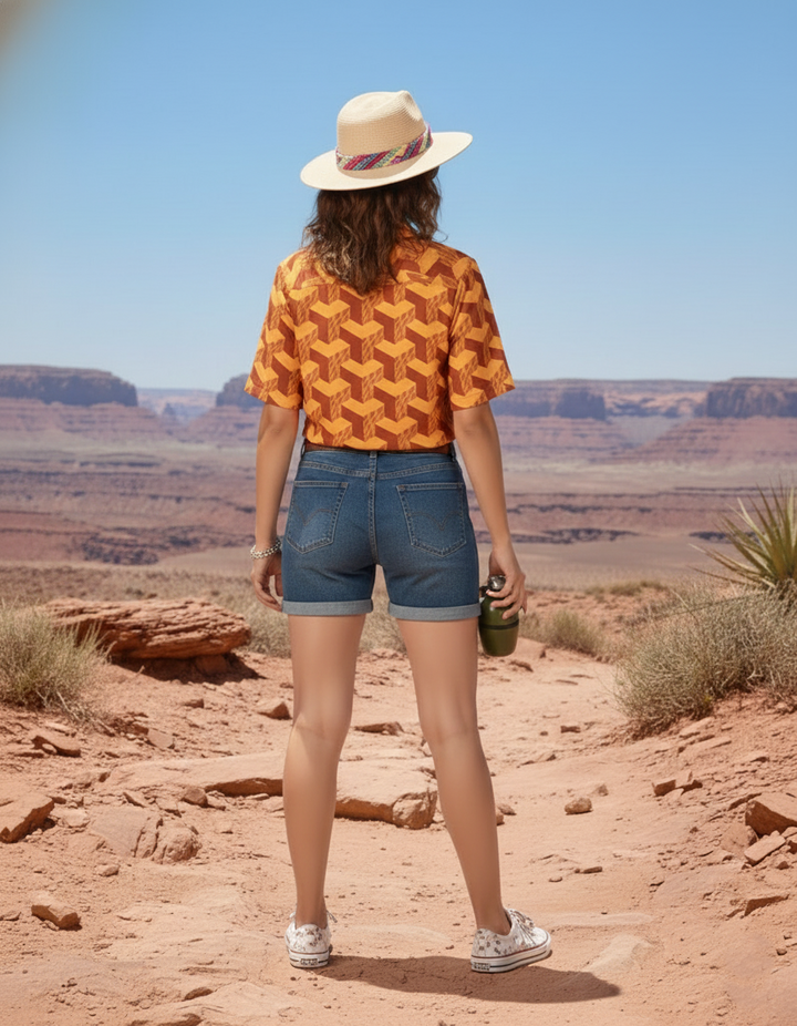 Yellow shirt for women paired with denim shorts - backside view
