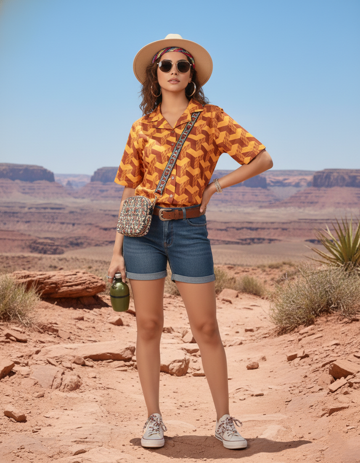 Yellow shirt for women with optical illusion print front view