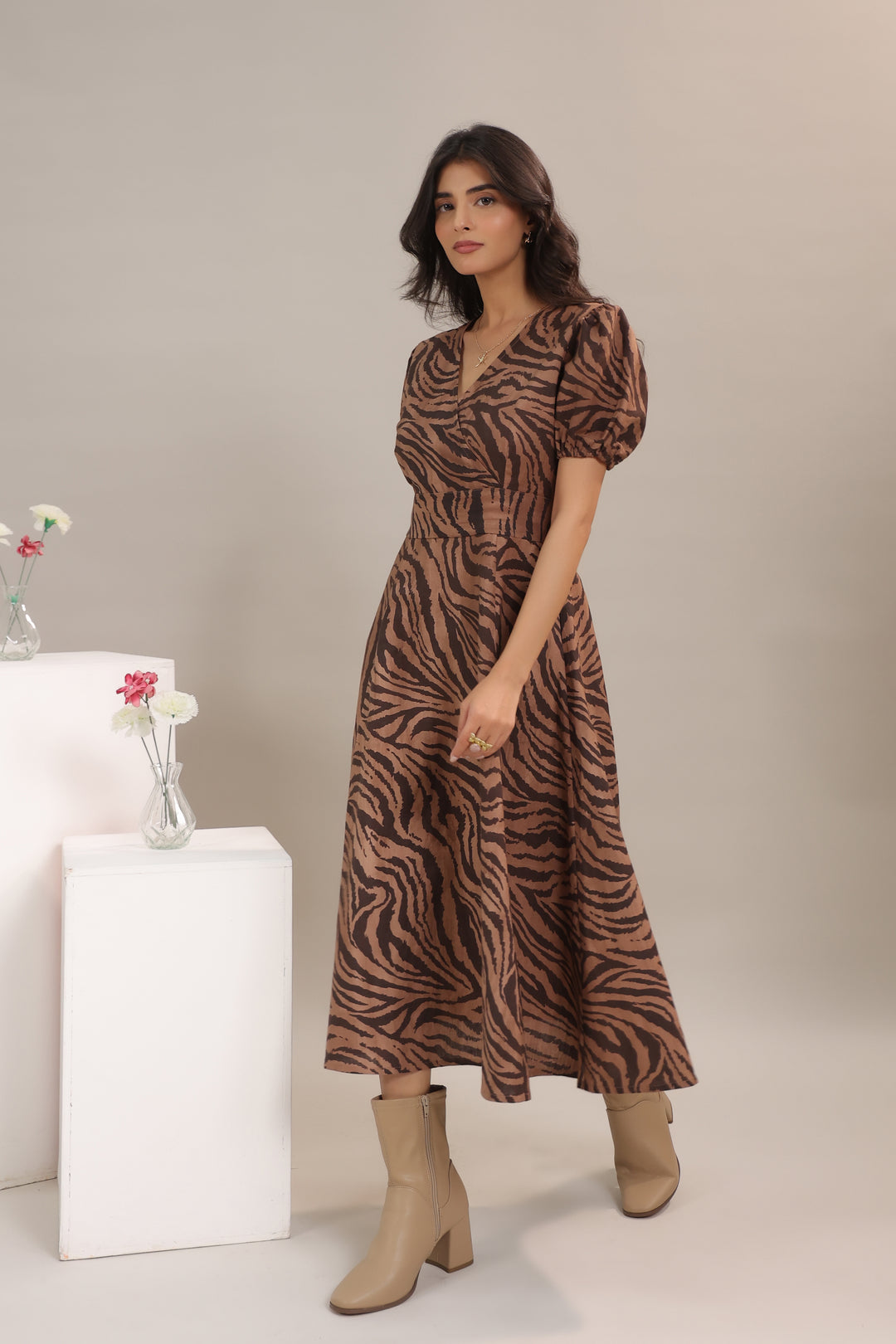 Flowy animal print midi dress for women by June 9 Clothing made in breathable cotton linen