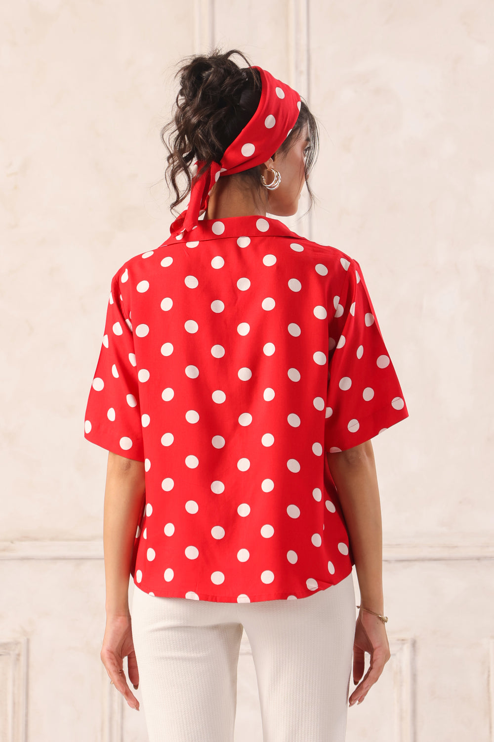 back view red polka dot shirt women lightweight summer top