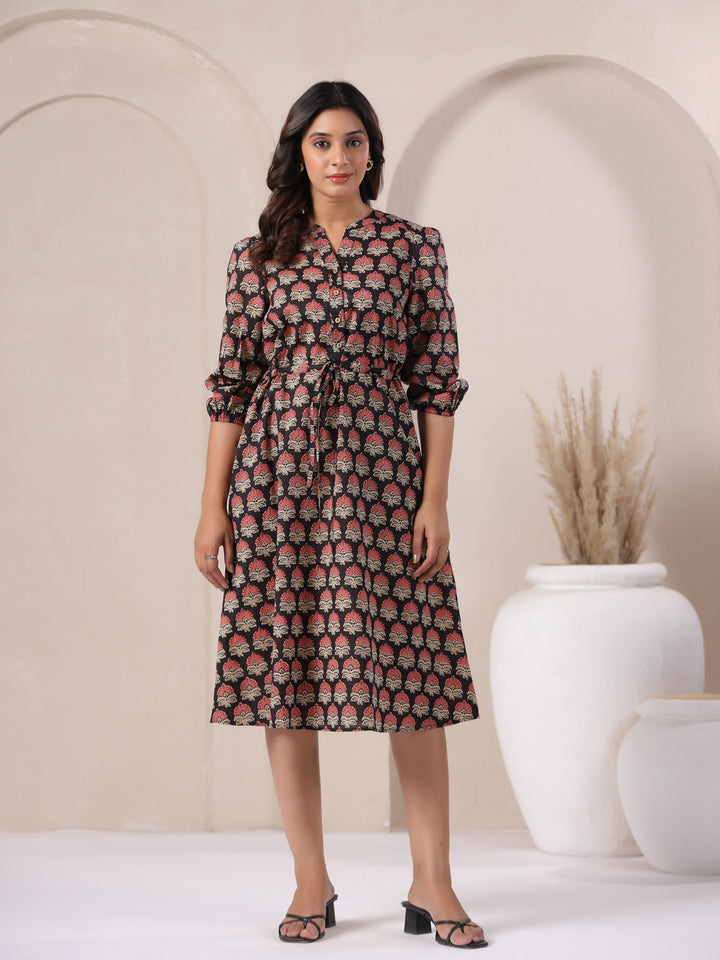 Black Ajrakh Buta print cotton midi dress with V-neck and 3/4 sleeves.