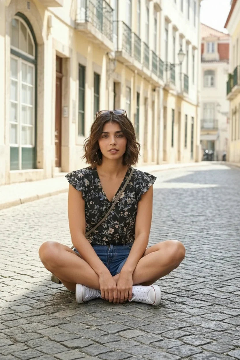 Black floral ruched crop top for women styled with casual bottoms