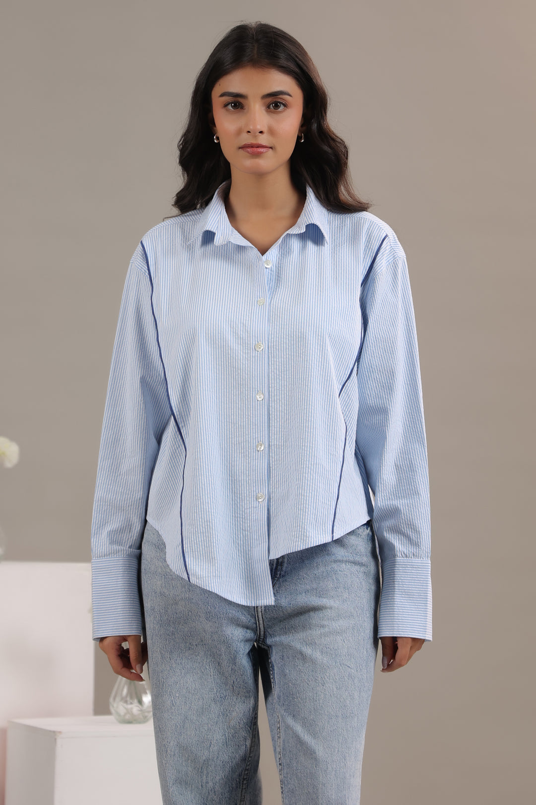 Blue and white striped shirt women in cotton fabric with comfortable casual fit