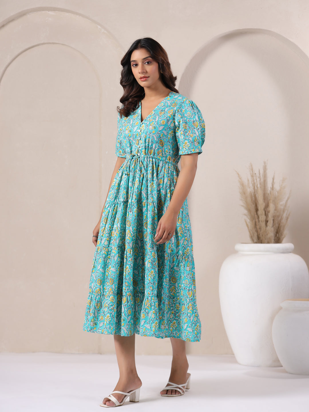 Bohemian style sky blue cotton maxi dress for women in woven fabric.