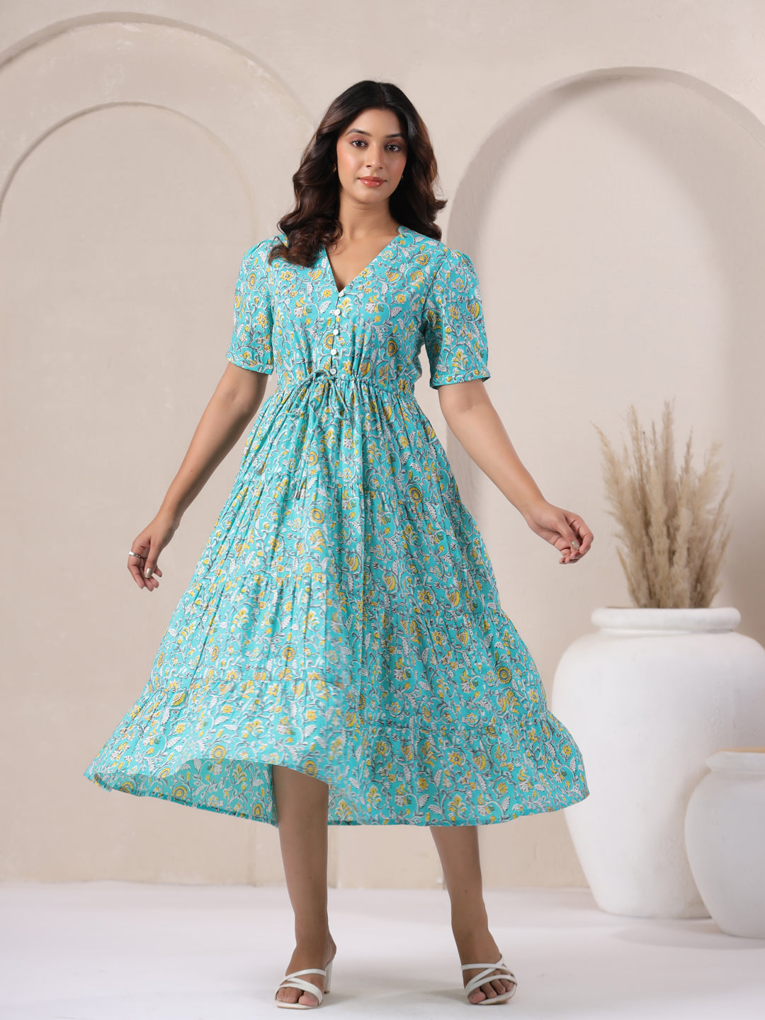 Breathable summer cotton maxi dress in sky blue with flared silhouette.