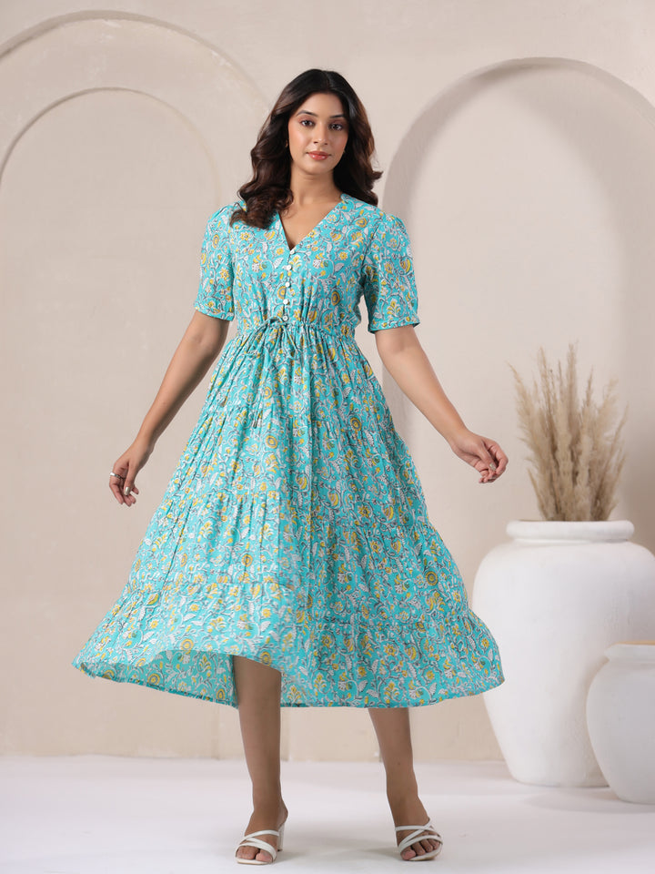 Breathable summer cotton maxi dress in sky blue with flared silhouette.