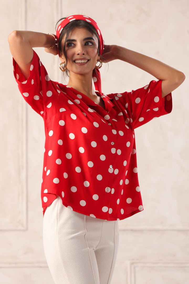 lightweight breathable fabric red polka dot shirt texture