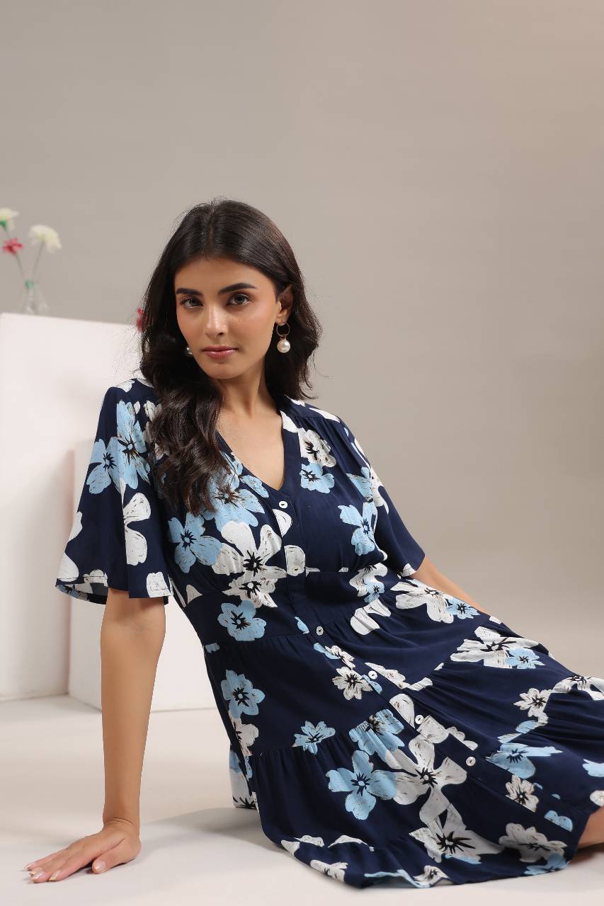 Abstract Print Mini Dress for Women - model in sitting look