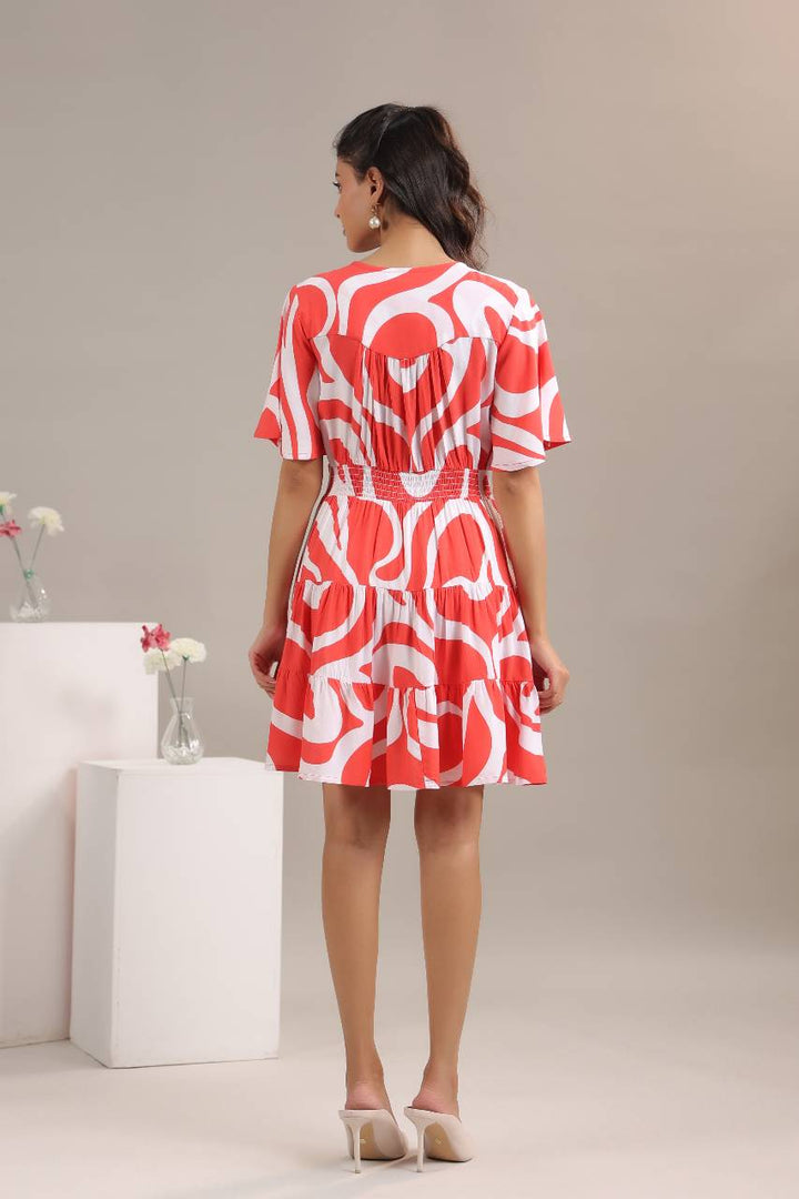 Back view of red abstract print mini dress womens