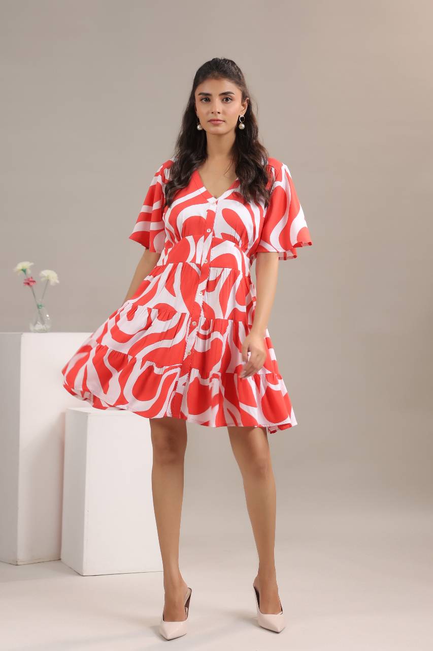 Red abstract print mini dress womens front view