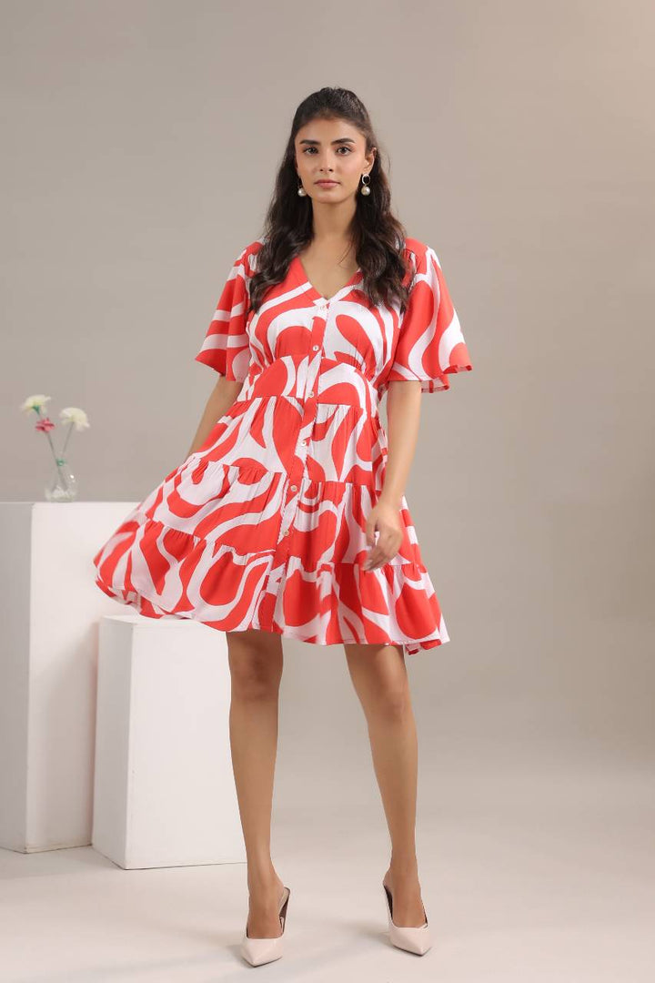 Red abstract print mini dress womens front view