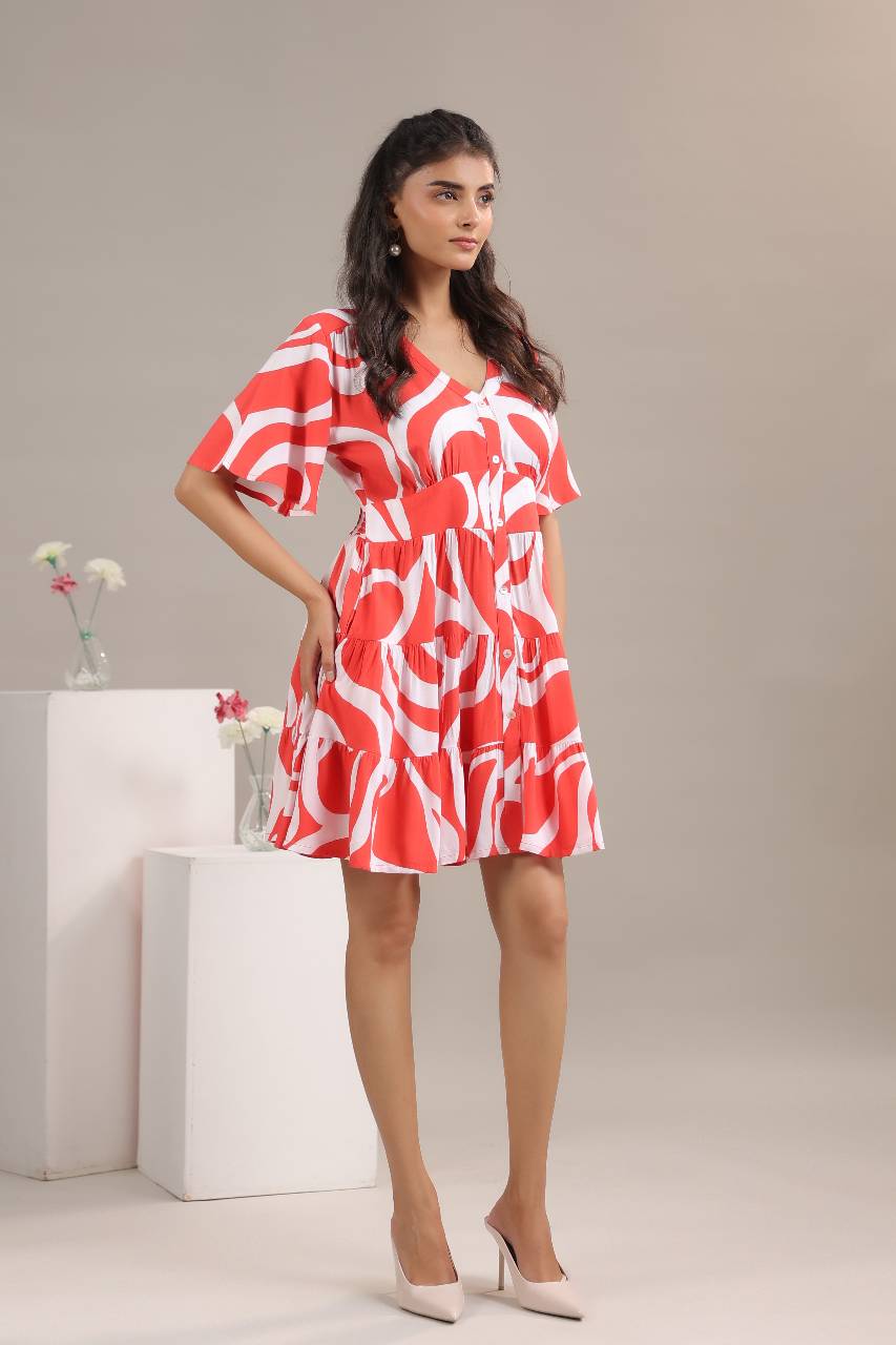 Womens abstract print dress in red with fit and flare silhouette
