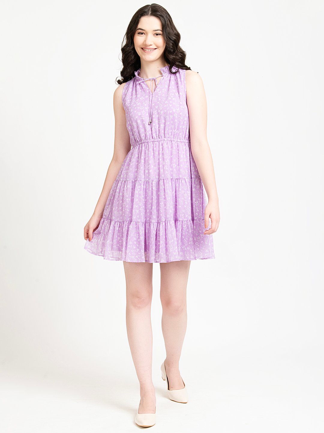 Lavender Floral Print Ruffled Collar sleeveless Mini Dress