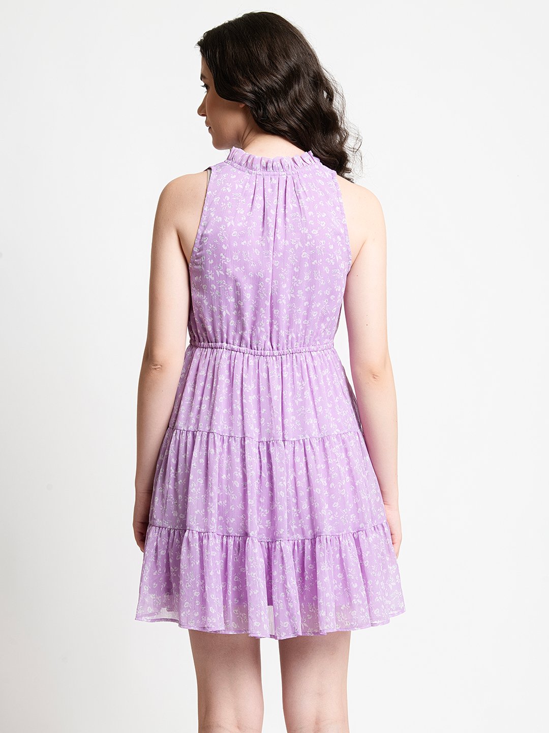 Lavender Floral Print Ruffled Collar sleeveless Mini Dress