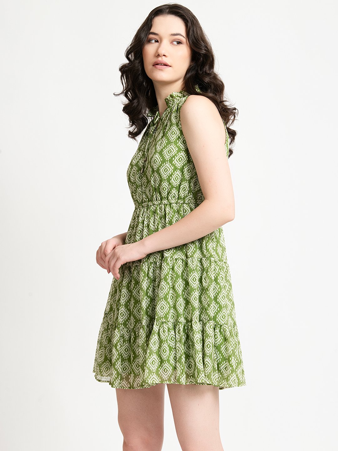 Green Geometric Print Cinched Waist Mini Dress