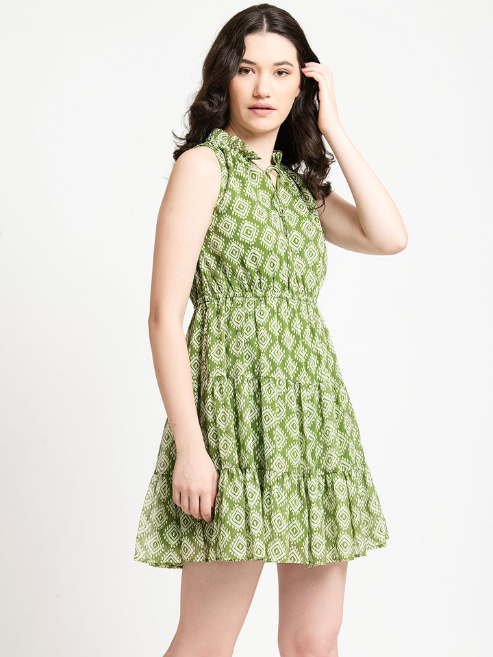 Green Geometric Print Cinched Waist Mini Dress