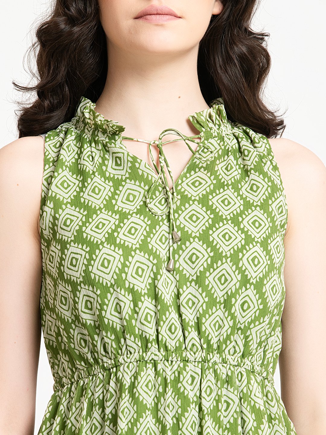 Green Geometric Print Cinched Waist Mini Dress