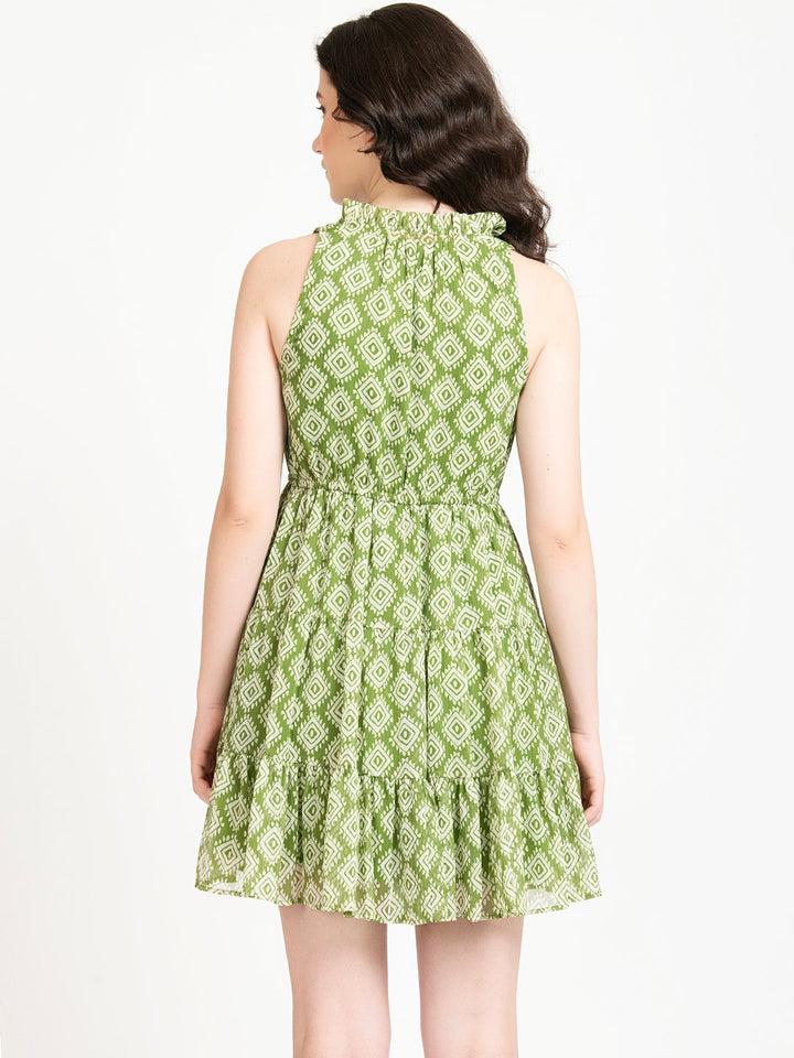 Green Geometric Print Cinched Waist Mini Dress