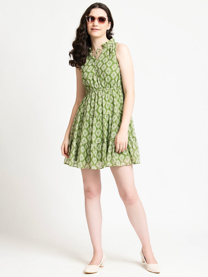 Green Geometric Print Cinched Waist Mini Dress