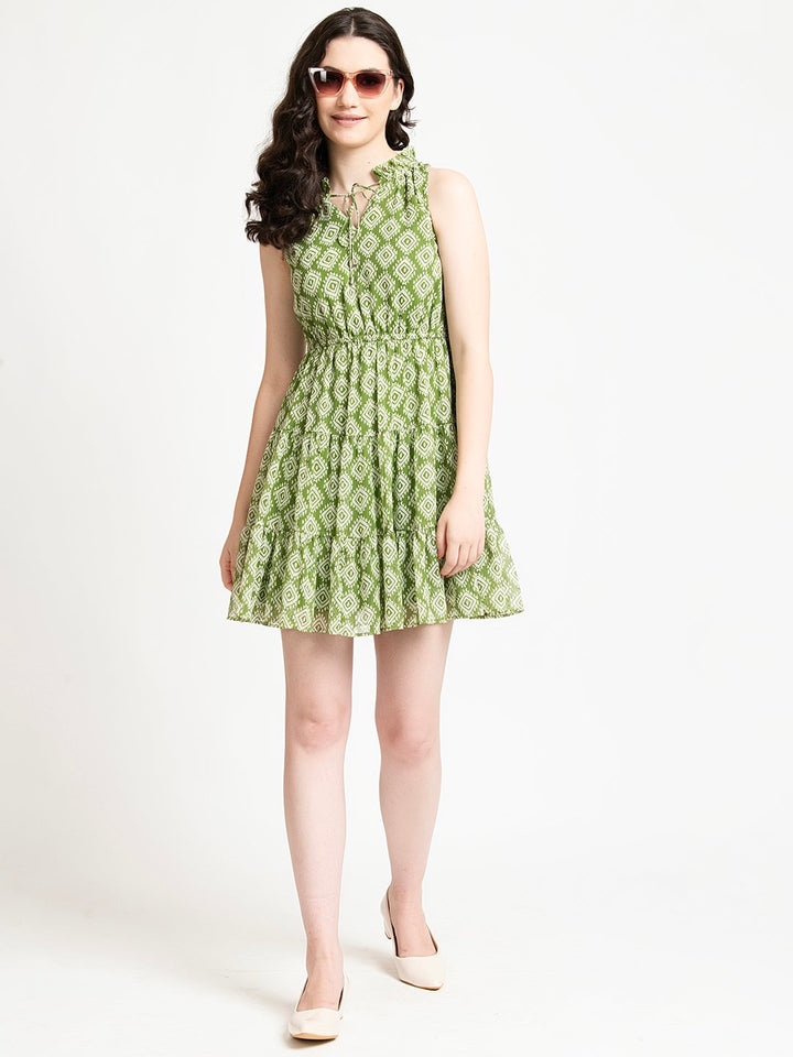 Green Geometric Print Cinched Waist Mini Dress