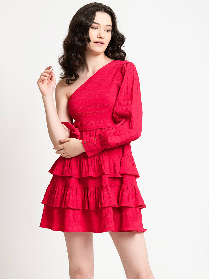 Pink One Shoulder Ruffle Dress