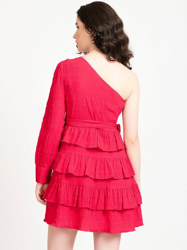 Pink One Shoulder Ruffle Dress