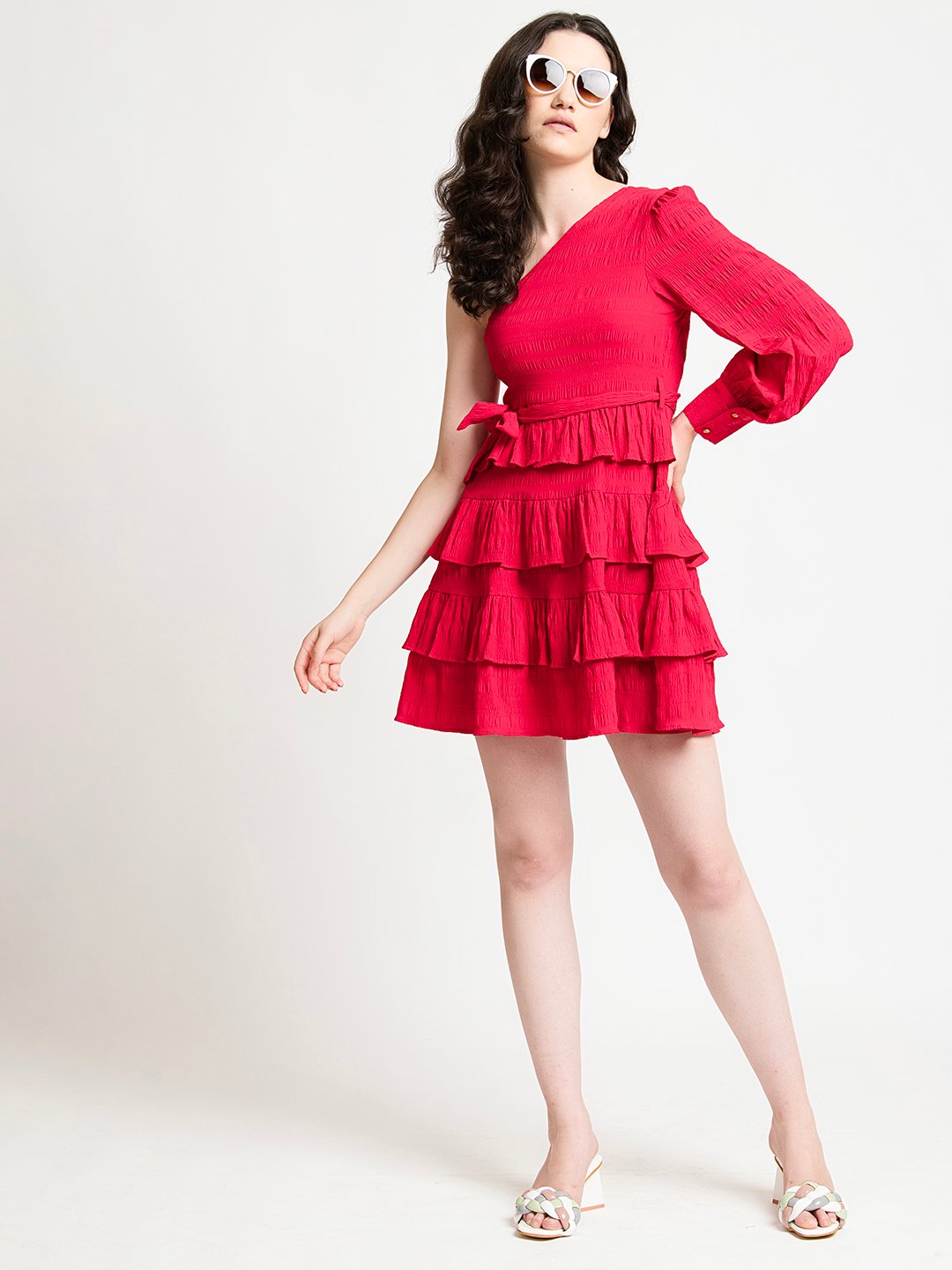 Pink One Shoulder Ruffle Dress