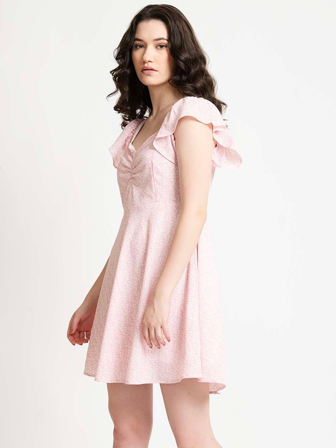 Baby Pink Ruched Sweetheart neck Fit And Flare mini Dress