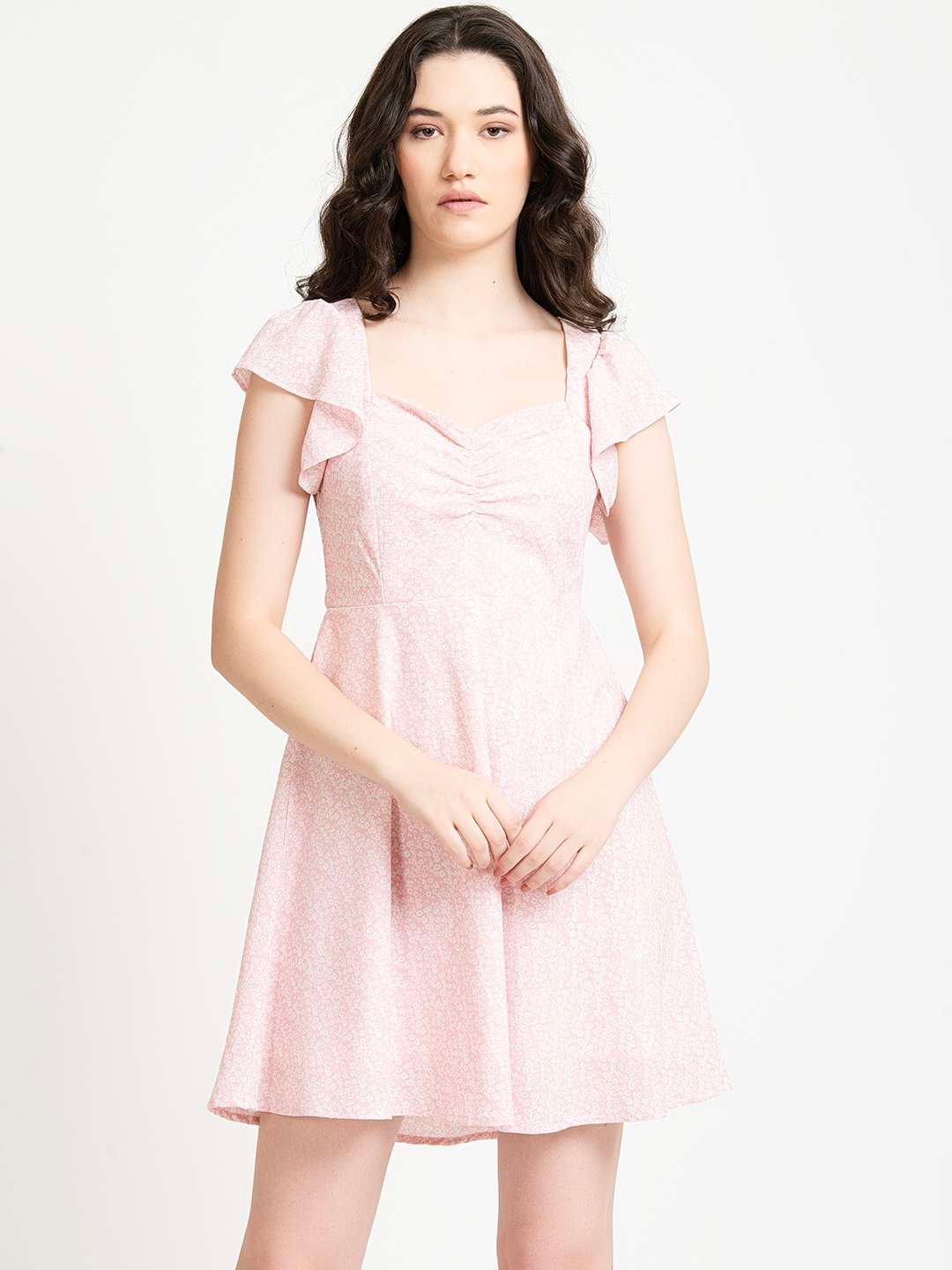 Baby Pink Ruched Sweetheart neck Fit And Flare mini Dress